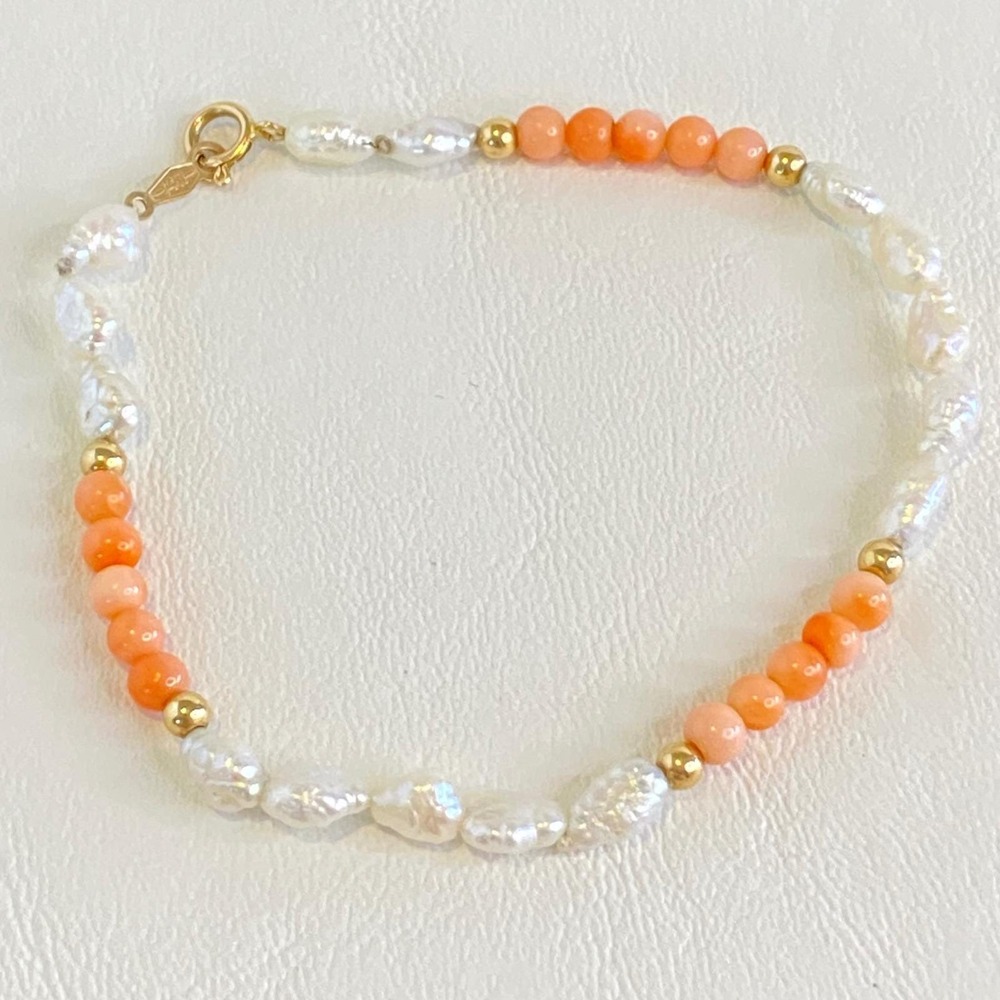 Vintage 14K Yellow Gold Bracelet Keshi Rice Pearl Salmon Coral Bead Strand 6.75"
